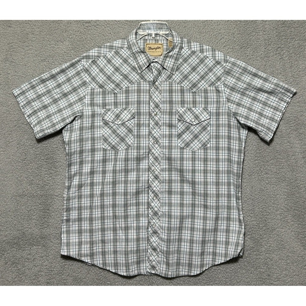 Wrangler Pearl Snap Shirt Mens XL Gray And Teal Plaid Western Cowboy Rockabilly